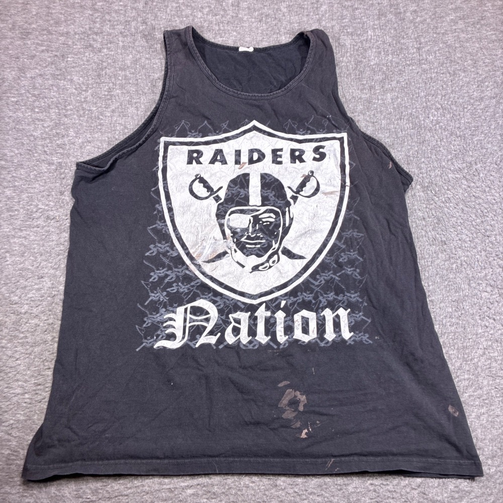 Vintage NFL Raiders Tank Top Mens 2XL Black Distressed AOP Grunge Punk 90s